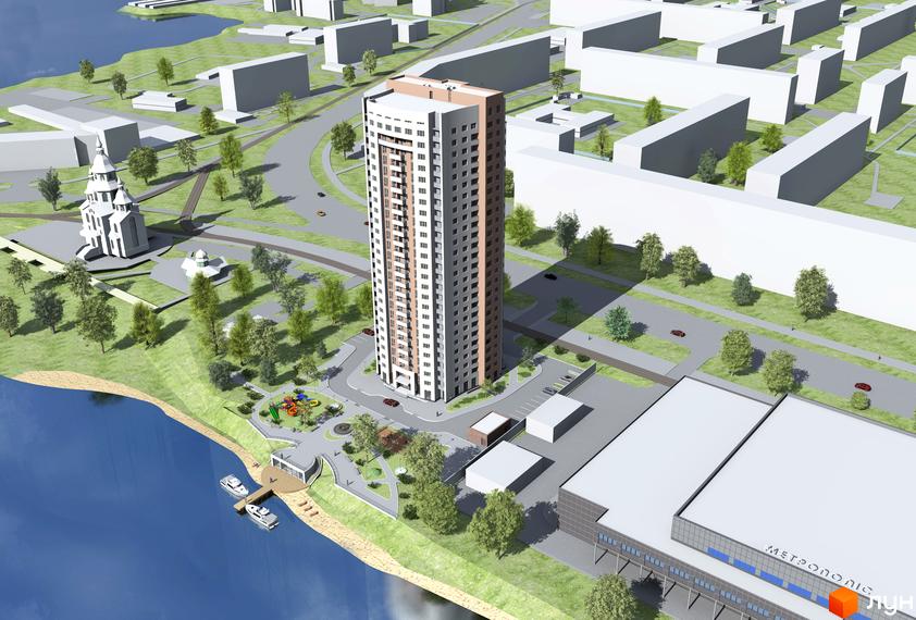 Житловий комплекс на вул. Героїв полку «Азов» з висотним будинком та прибудинковою територією з дитячим майданчиком.