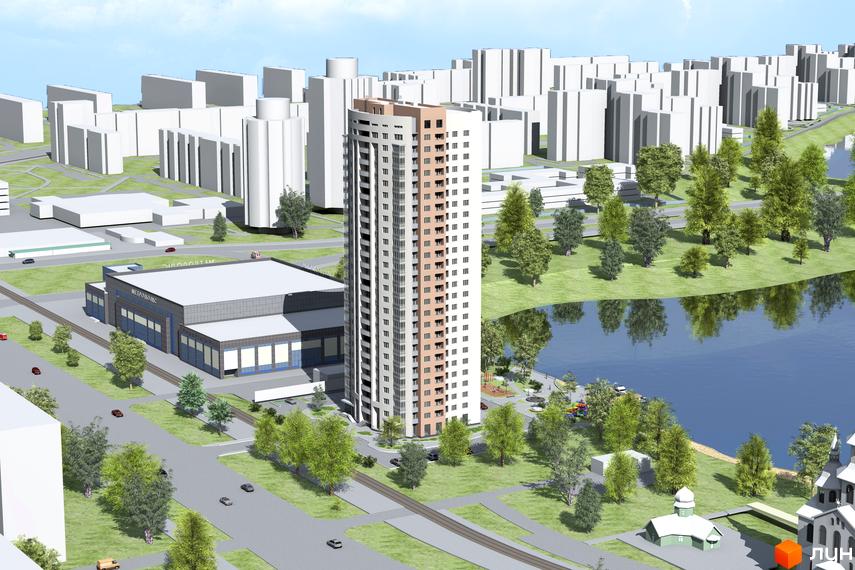 Житловий комплекс на вул. Героїв полку «Азов», 8. Вигляд на висотний будинок та прибудинкову територію з зеленими насадженнями.