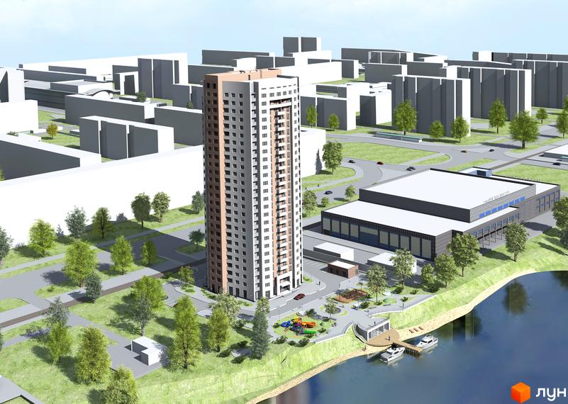 Новобудова на вул. Героїв полку «Азов» (Маршала Малиновського), 8. Висотна будівля з сірими та бежевими фасадами, поруч озеро, зелена зона та дитячий майданчик.