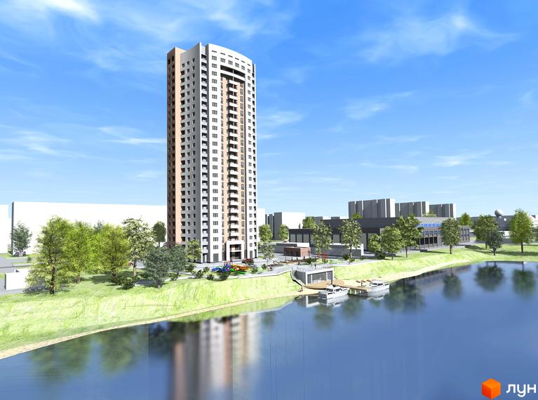 Житловий комплекс на вул. Героїв полку «Азов», 8, з висотним будинком та прибудинковою територією біля водойми.