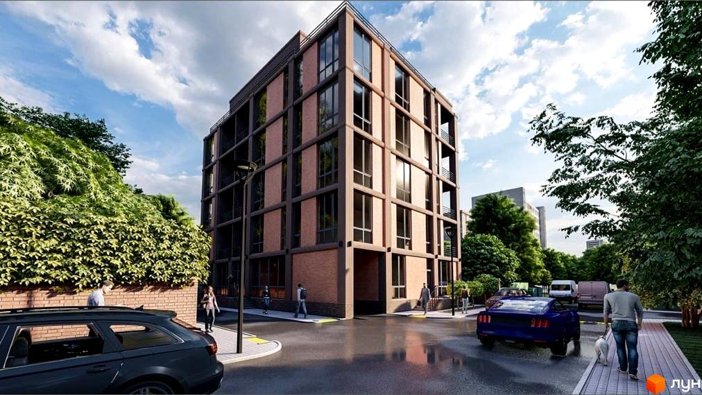 Клубний будинок Graf на Педагогічній. Сучасна цегляна новобудова з великими вікнами та балконами, розташована біля зеленої зони з деревами та автомобілями на вулиці.