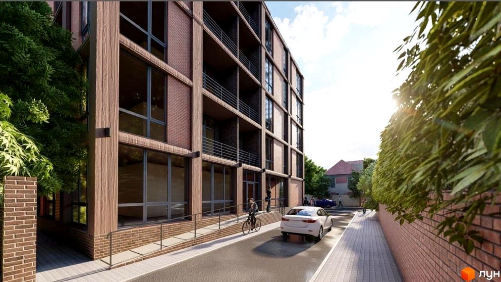 Клубний будинок Graf на Педагогічній – це цегляна новобудова з великими вікнами та балконами. Прибудинкова територія облаштована доріжками та зеленню.