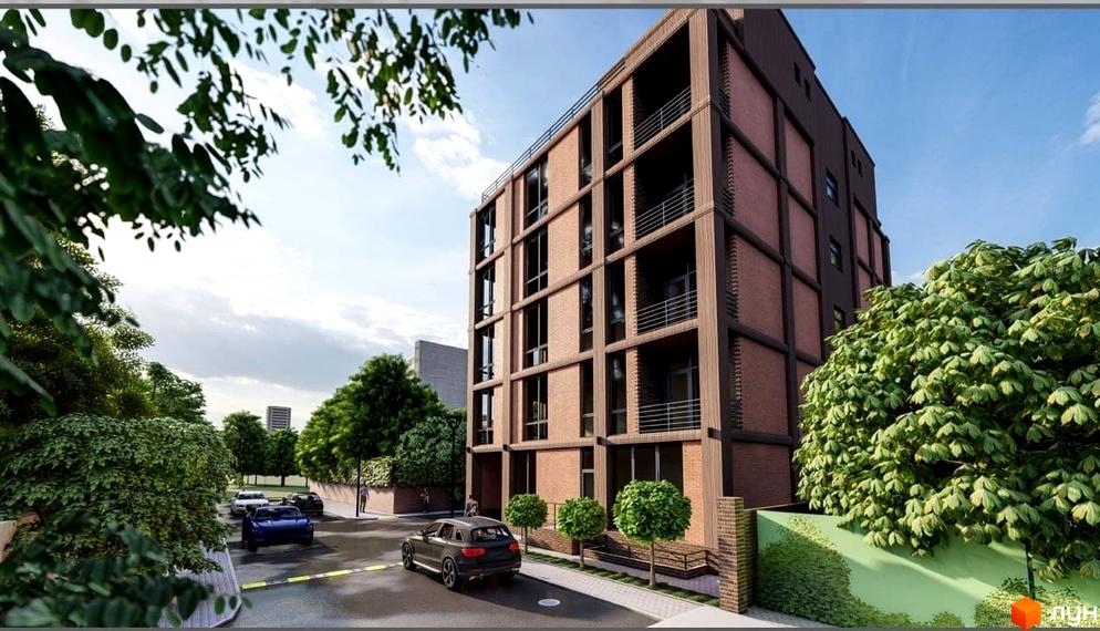 Клубний будинок Graf на Педагогічній – цегляна новобудова з балконами, оточена деревами та автомобілями на вулиці.