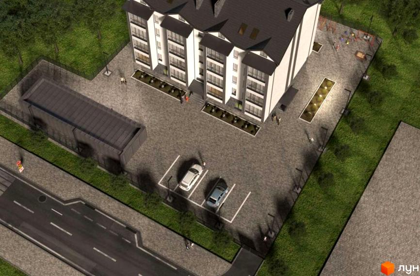 Зображення сторінки житлового комплексу Клубний будинок „Березинський“. Триповерховий будинок з темним дахом та білими фасадами. На території є парковка та дитячий майданчик.