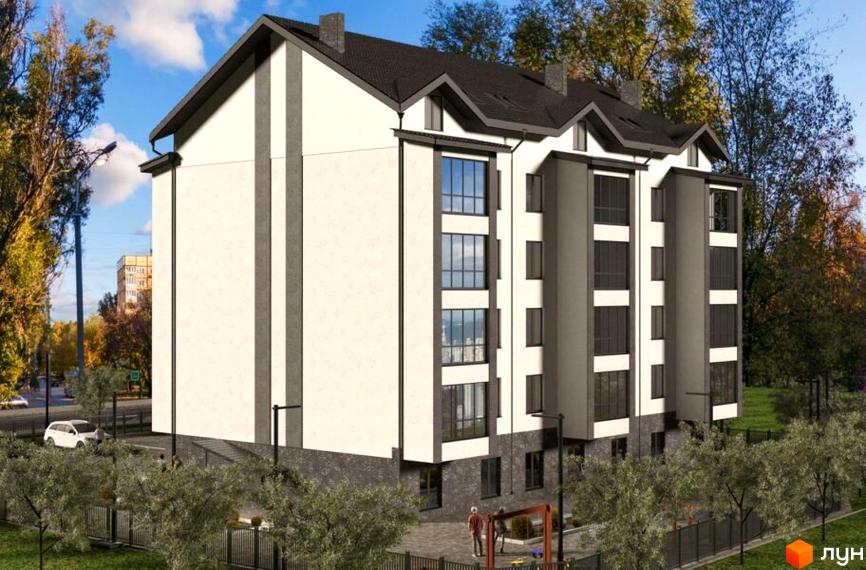 Зображення житлового комплексу Клубний будинок „Березинський“. Багатоповерховий будинок з панорамними вікнами та прибудинковою територією з озелененням.