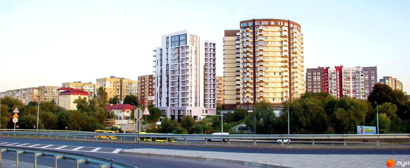 Житловий комплекс на вулиці Бережанська, 56, Тернополі. Багатоповерхові будинки з балконами та вікнами на тлі неба та зелені.