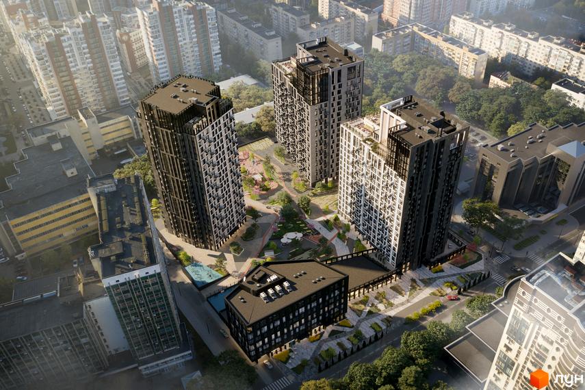 Житловий комплекс TRIIINITY: три висотні будівлі з темними та світлими фасадами, розташовані навколо внутрішнього двору з зонами відпочинку та дитячими майданчиками.