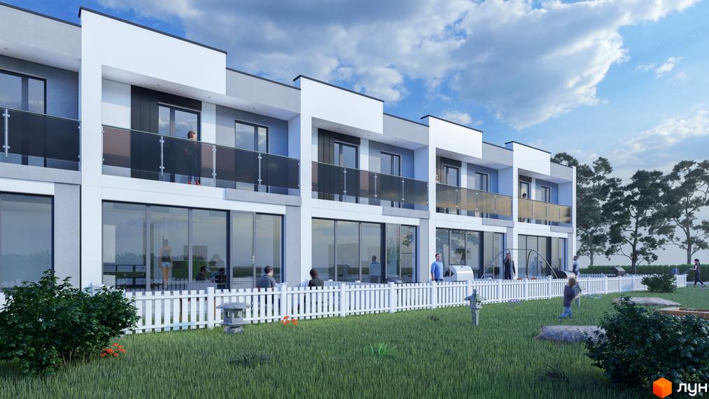 Зображення таунхаусів Green Home з панорамними вікнами та балконами, розташованих на території з газоном, білим парканом та декоративними елементами.