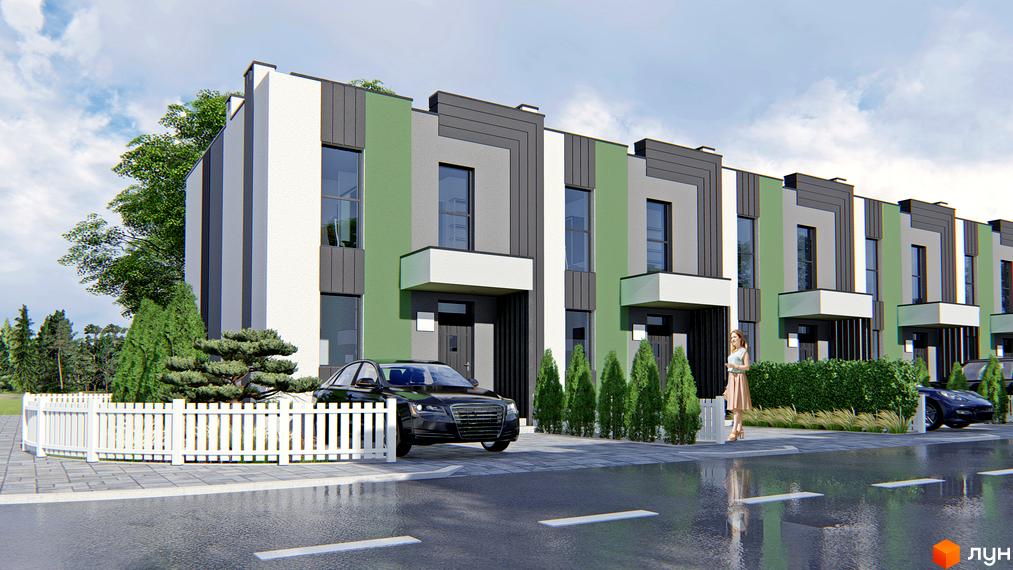 Зображення сторінки житлового комплексу Green Home. Таунхауси з фасадами у сіро-зелених тонах, білі акценти, перед будинками парковка та зелені насадження.