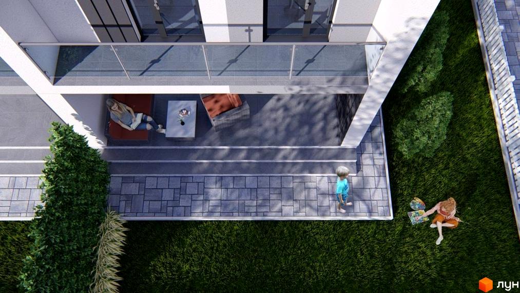 Вид зверху на таунхаус Green Home з терасою та прибудинковою територією з газоном, на якій відпочивають люди.