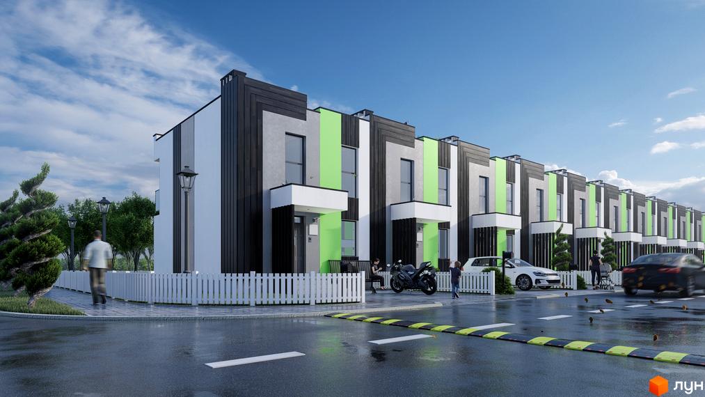 Зображення фасаду таунхаусів Green Home. На передньому плані паркан, дорога, прибудинкова територія з деревами та автомобілями.