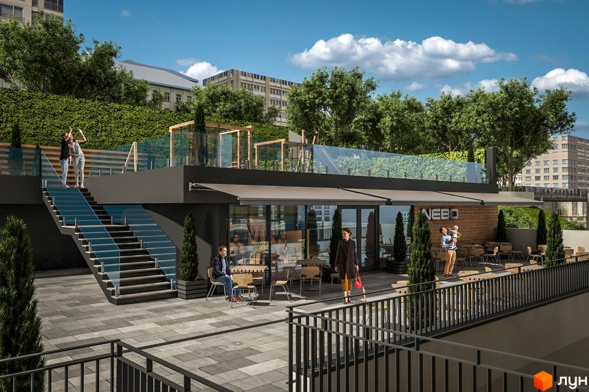 Житловий комплекс Nebo з терасою та зоною відпочинку. Зовнішній вигляд новобудови з благоустроєм території.