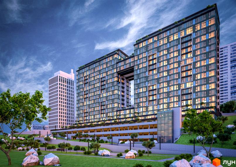 Житловий комплекс Nebo – це двосекційна новобудова з панорамним склінням та проходом між секціями, розташована на схилі з доглянутою прибудинковою територією та зеленими зонами.