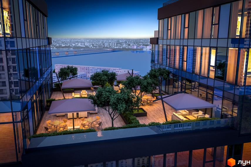 Житловий комплекс Nebo з терасою для відпочинку та видом на місто. Сучасна архітектура та зручні зони для дозвілля.