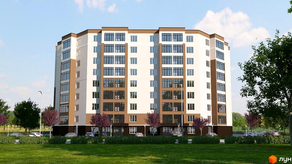 Зображення житлового комплексу Добробуд. Багатоповерховий будинок з великими вікнами та коричневими вставками на фасаді. На прибудинковій території зелена трава та дерева.