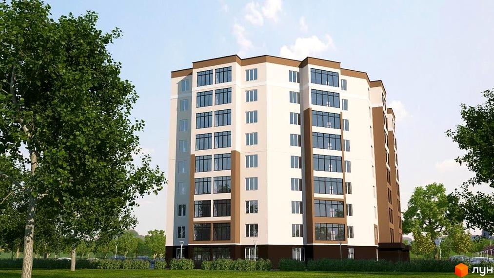 Житловий комплекс Добробуд. Висотна будівля з великими вікнами, пофарбована в білий та коричневий кольори. Зелена прибудинкова територія з деревами та газоном.