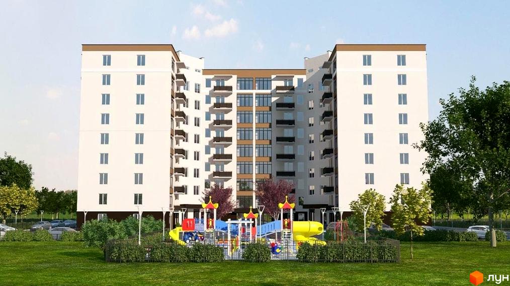 Житловий комплекс Добробуд. Багатоповерховий будинок з білими фасадами та коричневим дахом. На території дитячий майданчик та зелені насадження.