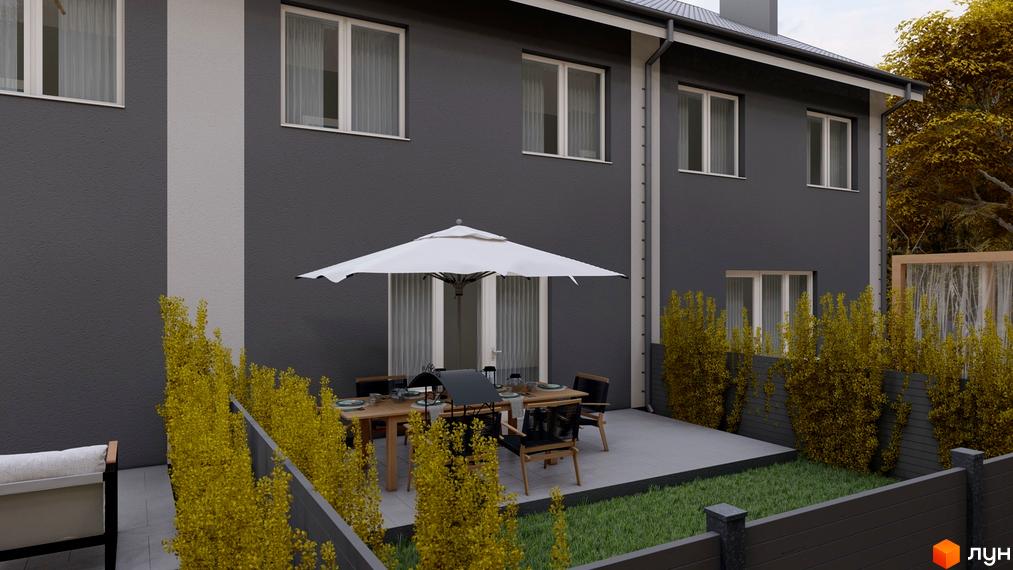 Двоповерхові таунхауси Таунхаус „Екологічний“ темно-сірого кольору з білими вікнами. На прибудинковій території патіо з меблями та зелені насадження.