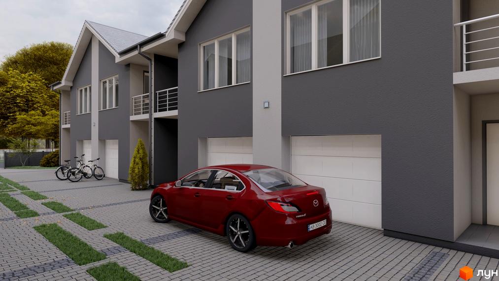 Таунхаус „Екологічний“ (р-н Вишенька) - це сучасна новобудова з сірими фасадами та білими гаражними воротами, прибудинкова територія з бруківкою та зеленими насадженнями.