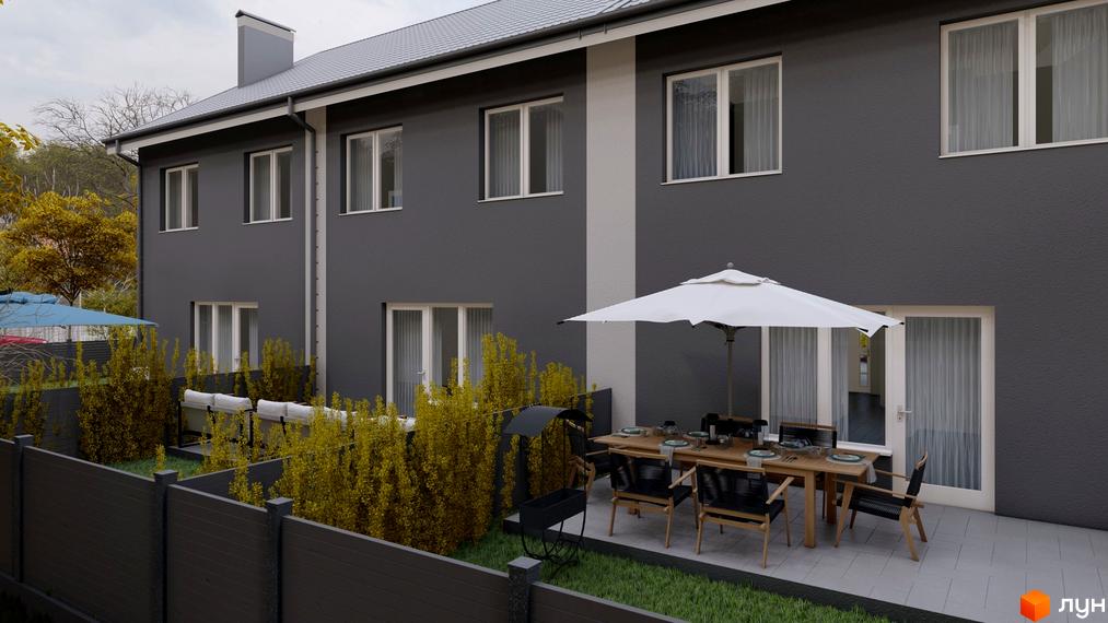 Зображення сторінки житлового комплексу Таунхаус „Екологічний“ (р-н Вишенька). Сірий двоповерховий будинок з білими вікнами та терасою з меблями.