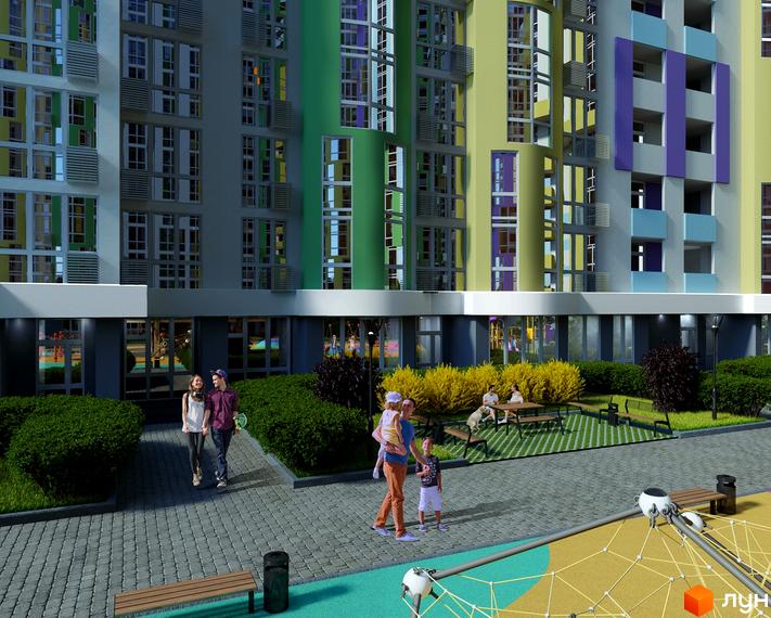 БФК Курнатовського: яскравий фасад будинку та зелена прибудинкова територія з місцями для відпочинку.