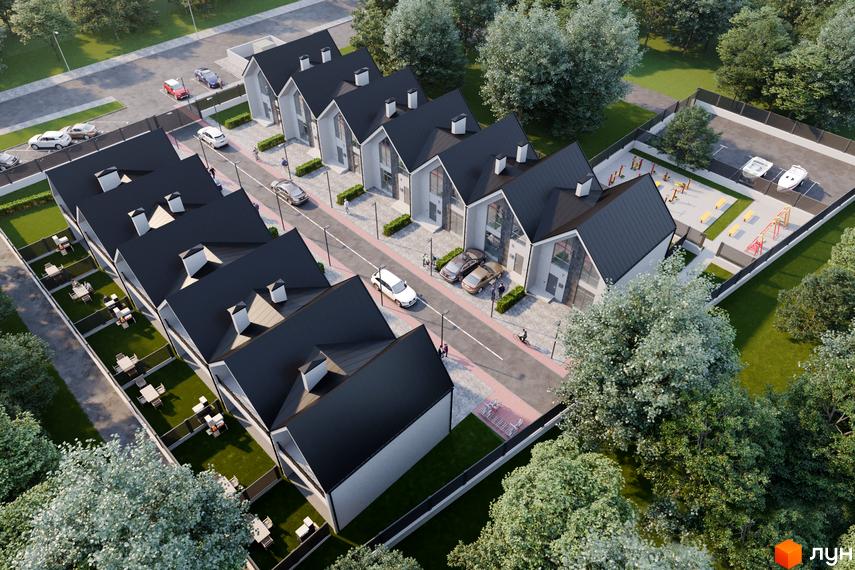 Зображення сторінки житлового комплексу Scandi Village. Ряд двоповерхових будинків з чорним дахом, білими стінами та терасами, розташованих вздовж дороги з машинами.