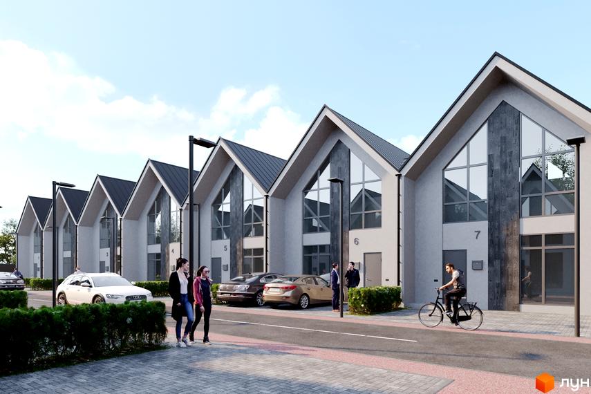 Зображення фасаду таунхаусів Scandi Village. Будинки з великими вікнами, сірим дахом та оздобленням. На території є парковка та зелені насадження.