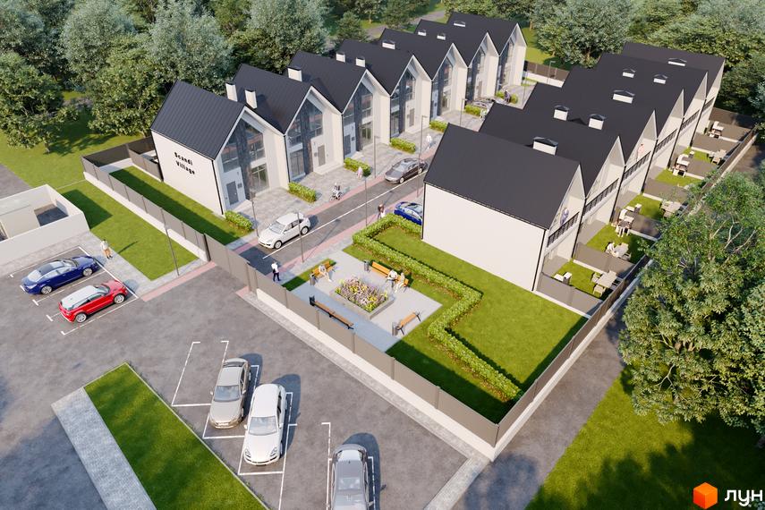 Зображення Таунхаусів Scandi Village з чорними дахами та білими фасадами. Навколо будинків є зелені зони, парковки та місця для відпочинку.