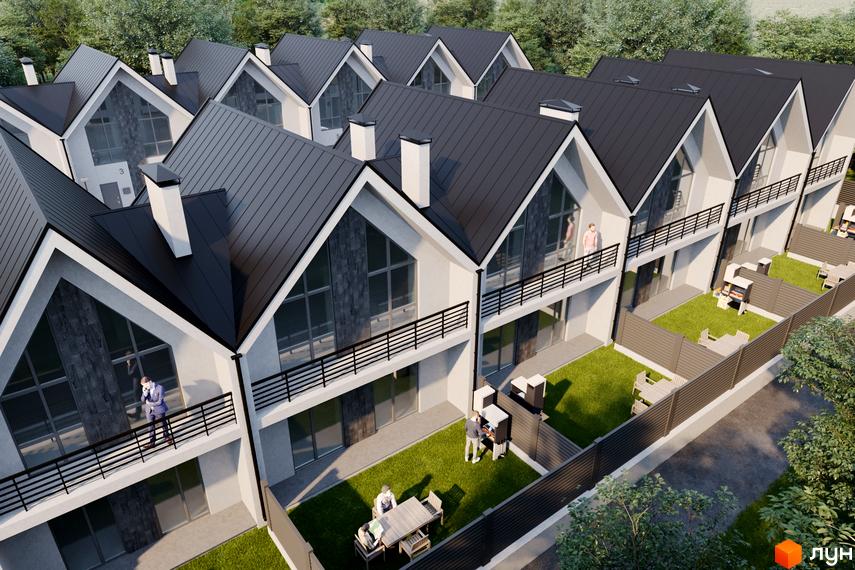 Таунхауси Scandi Village: ряд будинків з темними дахами та світлими фасадами, балконами, приватними дворами з газонами та меблями.