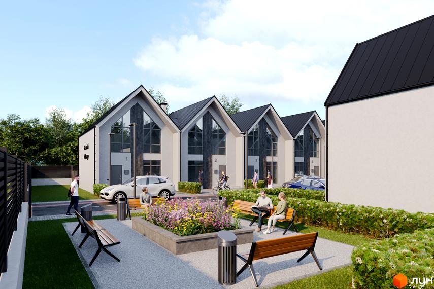 Зображення фасаду будинку житлового комплексу Scandi Village з великими вікнами та темним дахом. На прибудинковій території розташовані лавки та клумби з квітами.
