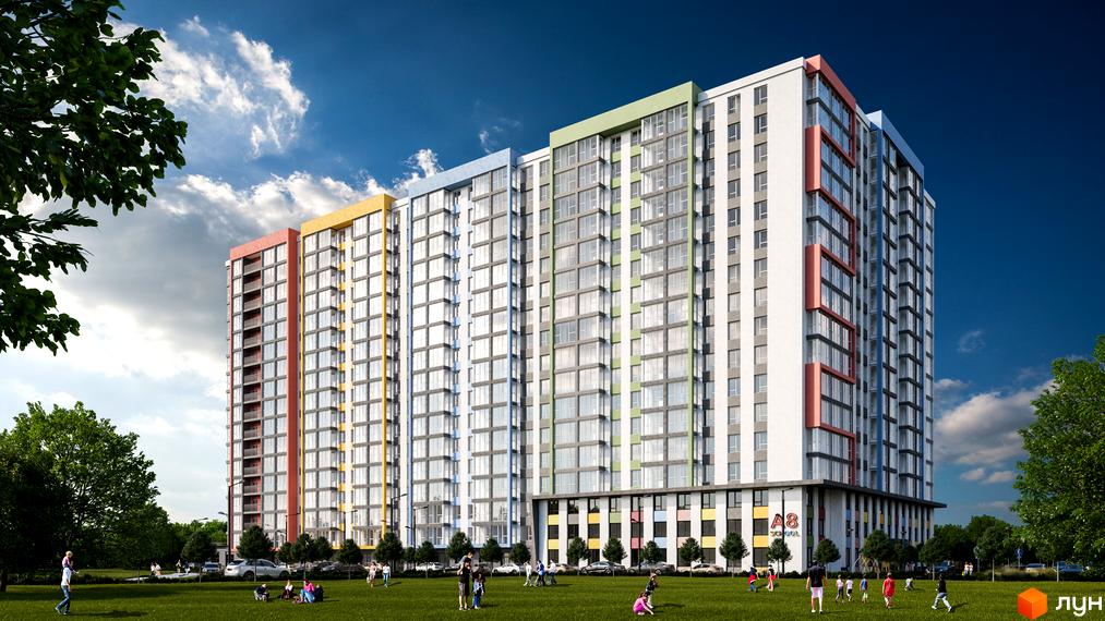 Зовнішній вигляд житлового комплексу Акварель-8 з різнокольоровими фасадами та великою кількістю вікон. На прибудинковій території зелений газон та дерева.