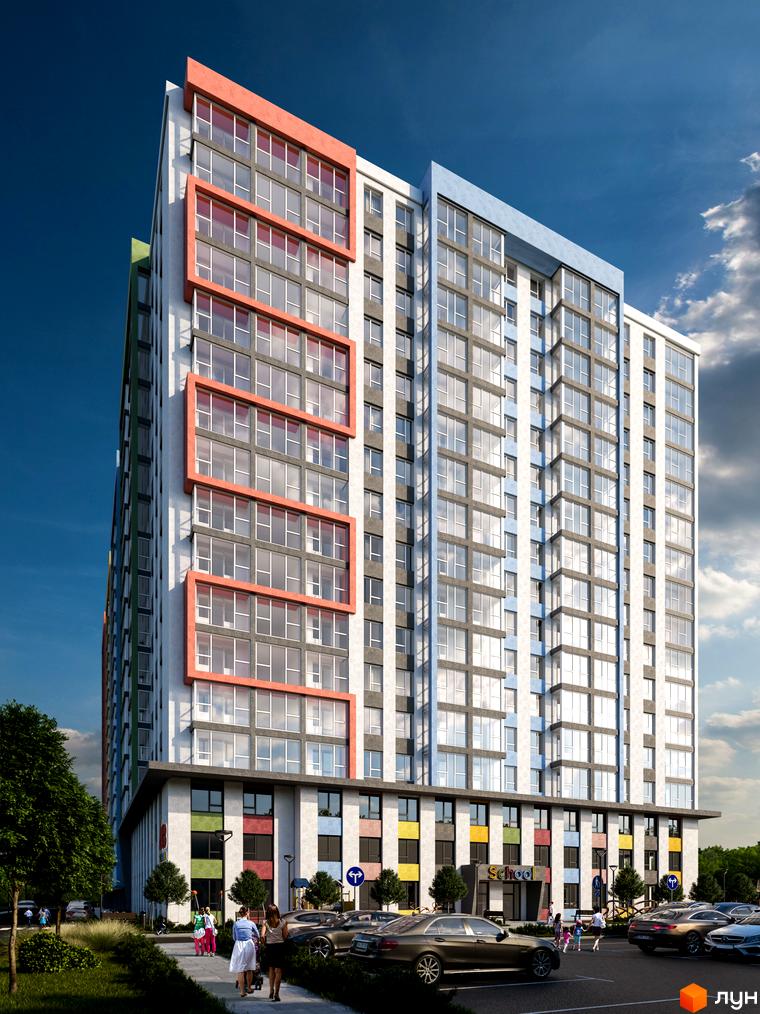 Житловий комплекс Акварель-8 – це яскрава новобудова з панорамними вікнами та кольоровими фасадами. Навколо будинку облаштований затишний двір з місцями для відпочинку та дитячими майданчиками.