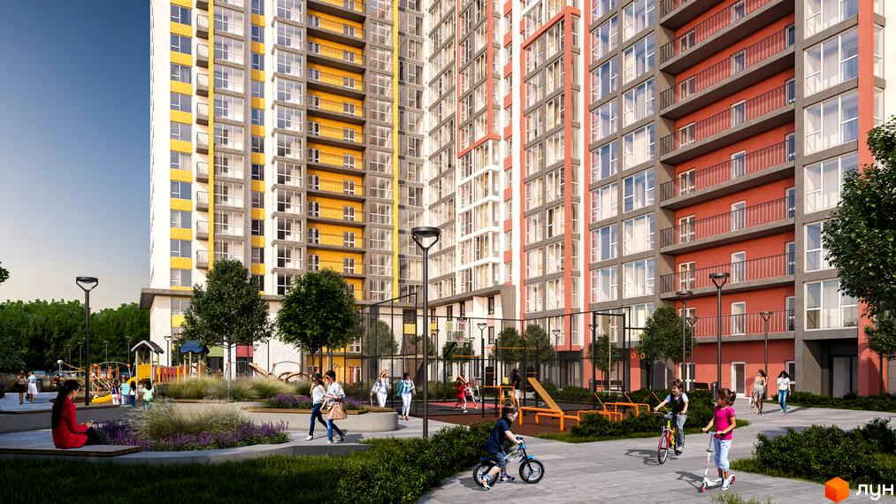 Житловий комплекс Акварель-8 має яскраві фасади та багато вікон, а на прибудинковій території облаштовано дитячий майданчик та зони для відпочинку.