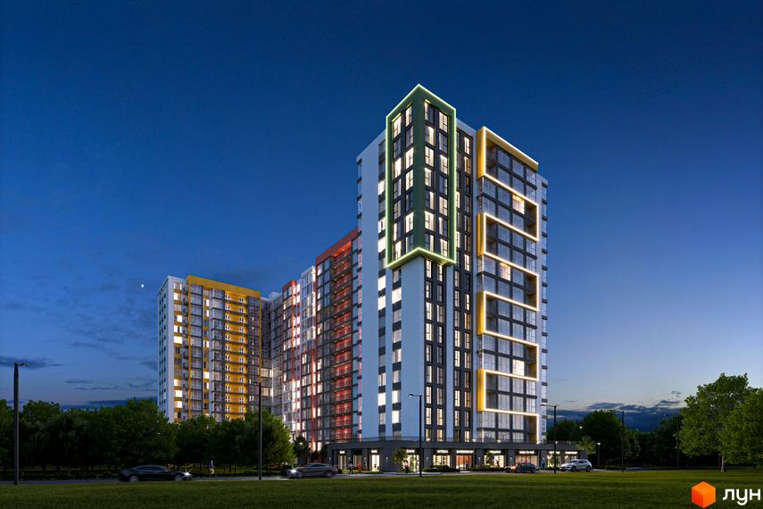 Житловий комплекс Акварель-8 – це багатоповерхові будинки з яскравими фасадами та підсвіткою, розташовані біля зеленої зони з деревами та дорогою.