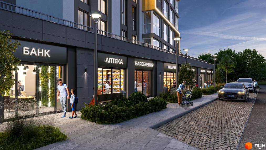Зовнішній вигляд новобудови ЖК Акварель-8 з комерційними приміщеннями на першому поверсі та доглянутою прибудинковою територією. На зображенні видно вхід до банку, аптеки, барбершопу та пекарні.
