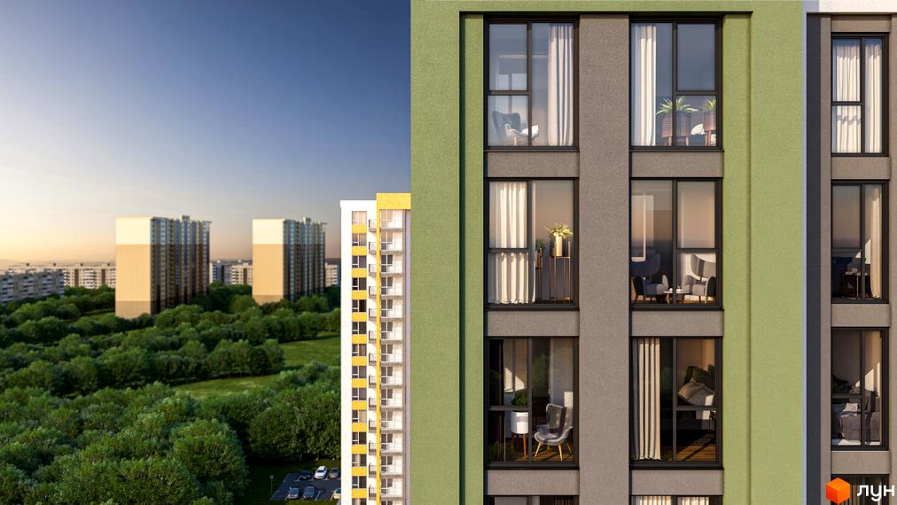 Зовнішній вигляд новобудови ЖК Акварель-8 з вікнами та балконами, оточеної зеленою територією з деревами та іншими будівлями на фоні.