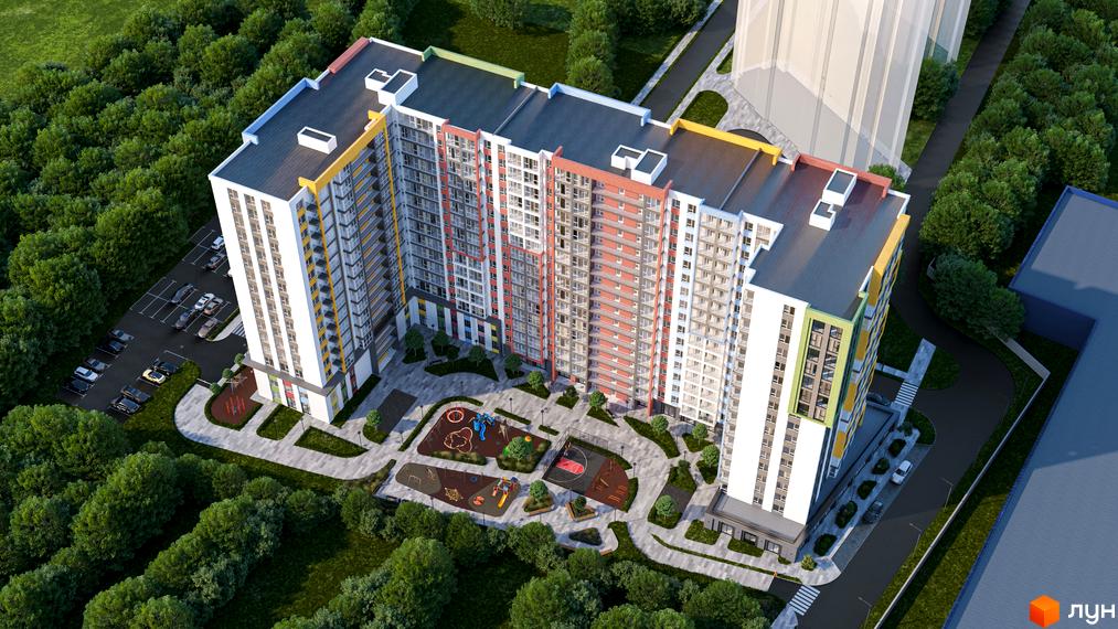 Житловий комплекс Акварель-8 - це багатоповерховий будинок з яскравими фасадами та дитячим майданчиком на прибудинковій території.