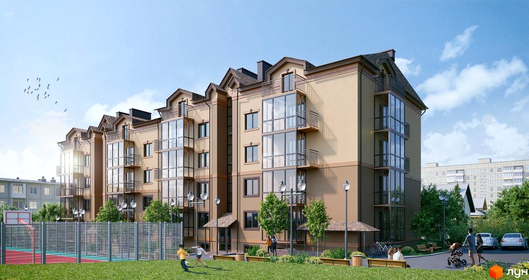 Житловий комплекс Затишний: багатоповерховий будинок бежевого кольору із заскленими балконами. На прибудинковій території зелений газон, дитячий майданчик та зони відпочинку.