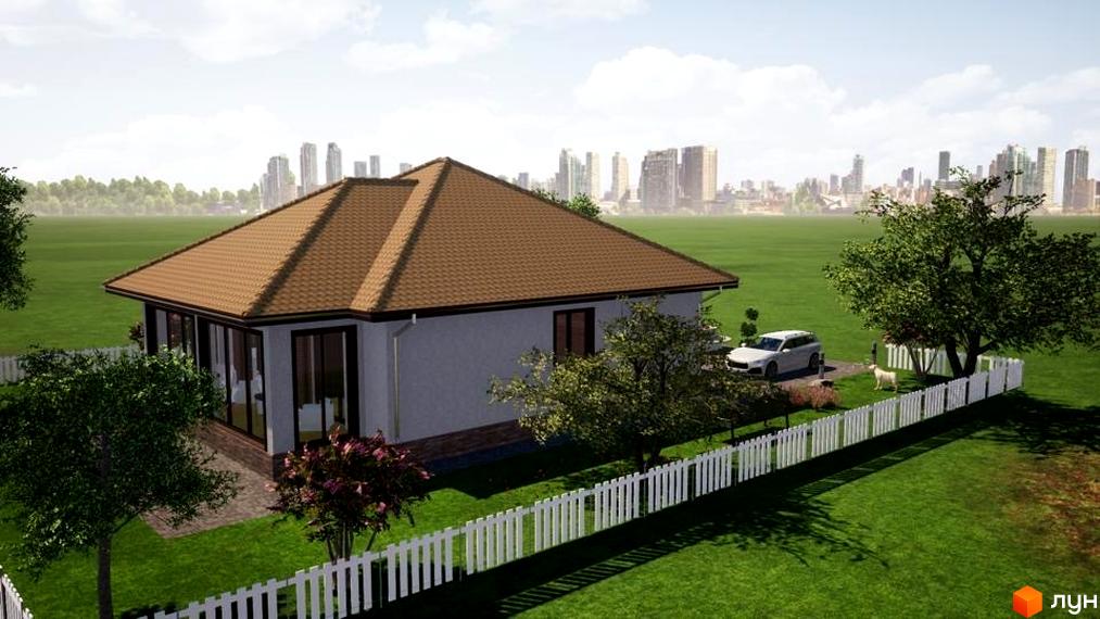 Одноповерховий будинок з коричневою черепицею та великими вікнами. Біля будинку є білий паркан, газон, дерева та автомобіль.