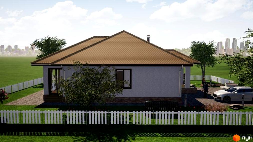 Одноповерховий будинок з коричневим дахом та світлими стінами в Котеджному містечку Крушинка Парк. Навколо зелений газон, білий паркан, дерева та припаркований автомобіль.