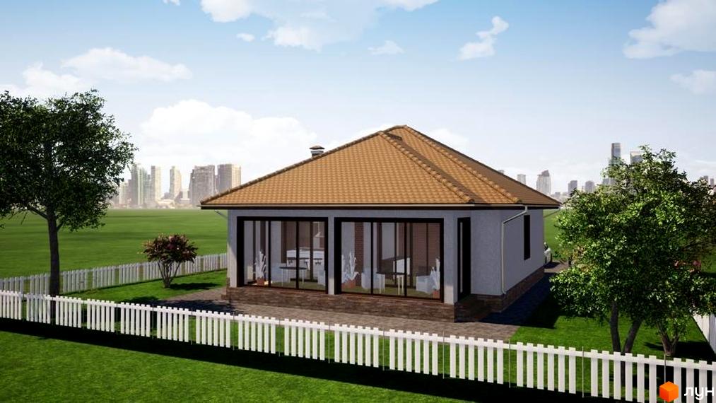 Одноповерховий будинок з коричневою черепичною покрівлею та панорамними вікнами, огороджений білим парканом. На території КМ Крушинка Парк зелена трава та дерева.