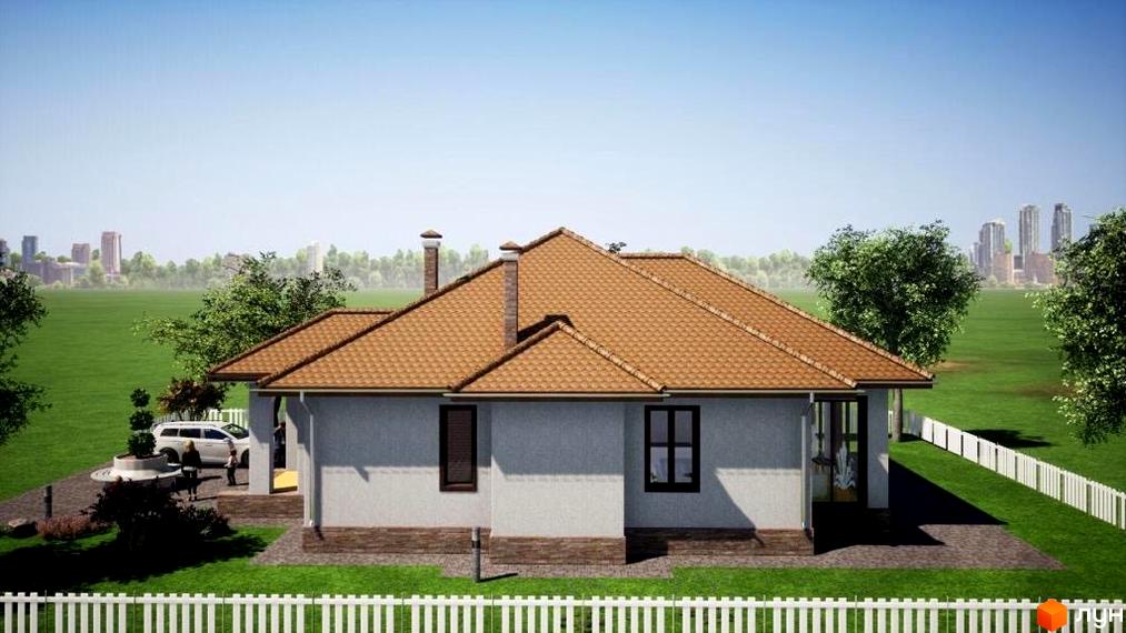 Котеджне містечко Крушинка Парк: одноповерховий будинок зі світлими стінами та коричневим дахом, оточений зеленим газоном та білим парканом.