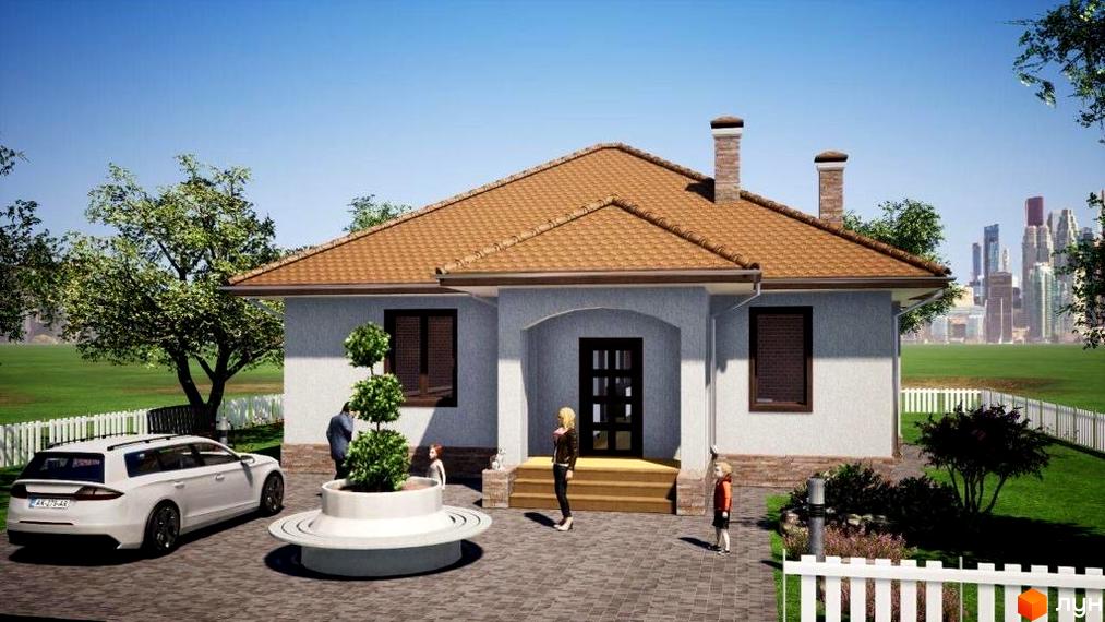 Одноповерховий будинок з коричневою черепичною покрівлею та світлими стінами. На подвір'ї білий автомобіль, зелені насадження та люди.