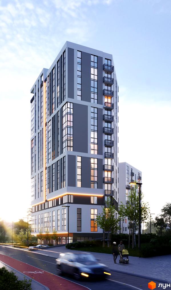 Висотна будівля ЖК ARTHOUSE park з великими вікнами та балконами. На передньому плані дорога з автомобілями та люди з дитячим візком.