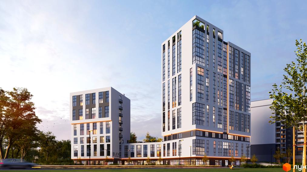 Високі білі будинки ЖК ARTHOUSE park з великими вікнами на фоні блакитного неба. На території комплексу є дерева та зелені насадження.