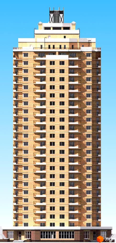 Житловий комплекс на вул. Ушинського, 14б, має високу будівлю з балконами та великими вікнами. Прибудинкова територія оформлена з урахуванням комфорту мешканців.