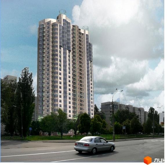 Сучасний житловий комплекс на Харківському шосе, 182, з багатоповерховою будівлею та прибудинковою територією з деревами та дорогою. На передньому плані видно автомобіль.