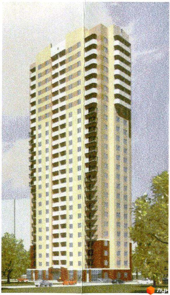 Новобудова на вулиці Хорольській, 1а. Багатоповерховий будинок жовтого кольору з численними балконами та коричневим цоколем. Навколо будинку зелені дерева.