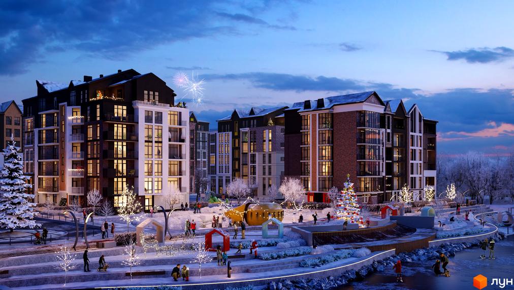 Житловий комплекс BASA city в зимовому пейзажі. На зображенні видно багатоповерхові будинки з освітленими вікнами та святково прикрашену прибудинкову територію.