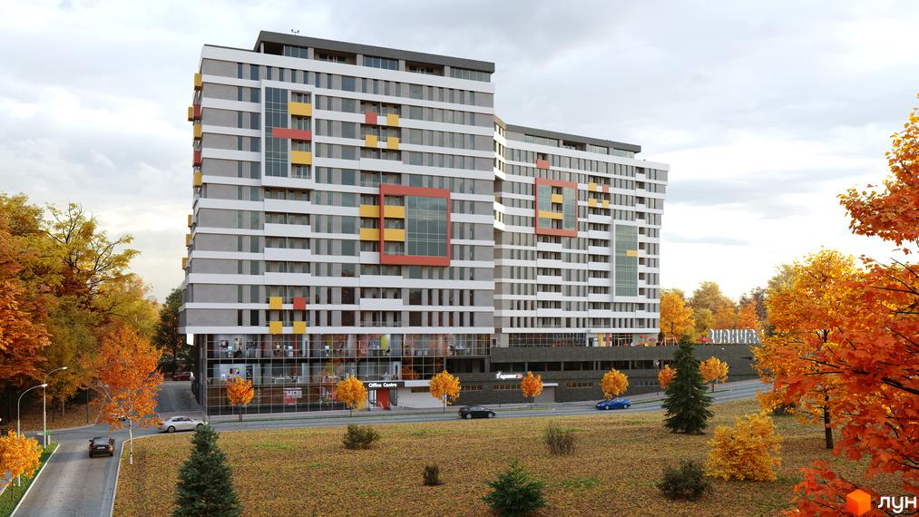 Житловий комплекс Bauhaus – це сучасна новобудова з яскравими фасадами та панорамними вікнами, розташована серед осіннього парку з жовтим листям.